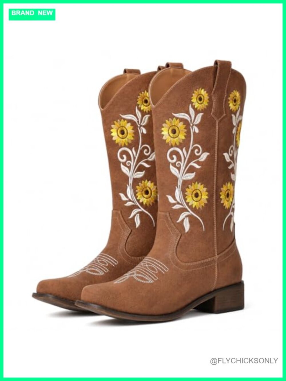 Women's Western Cowboy Boots Embroidered Square Toe Mid-Calf Pull-On